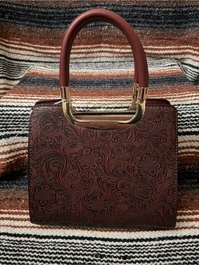 Women's Embossed Floral Top-Handle Bag in Deep Burgundy